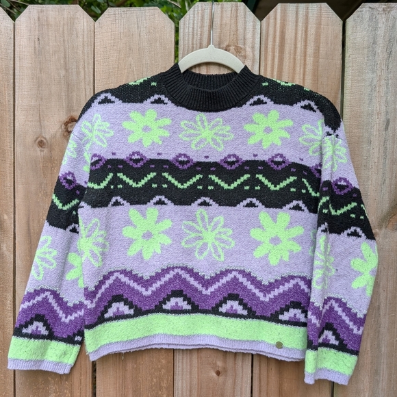 Justice Other - Justice Girls Kids Purple Green Black Retro Floral Fair Isle Patterned Sweater
